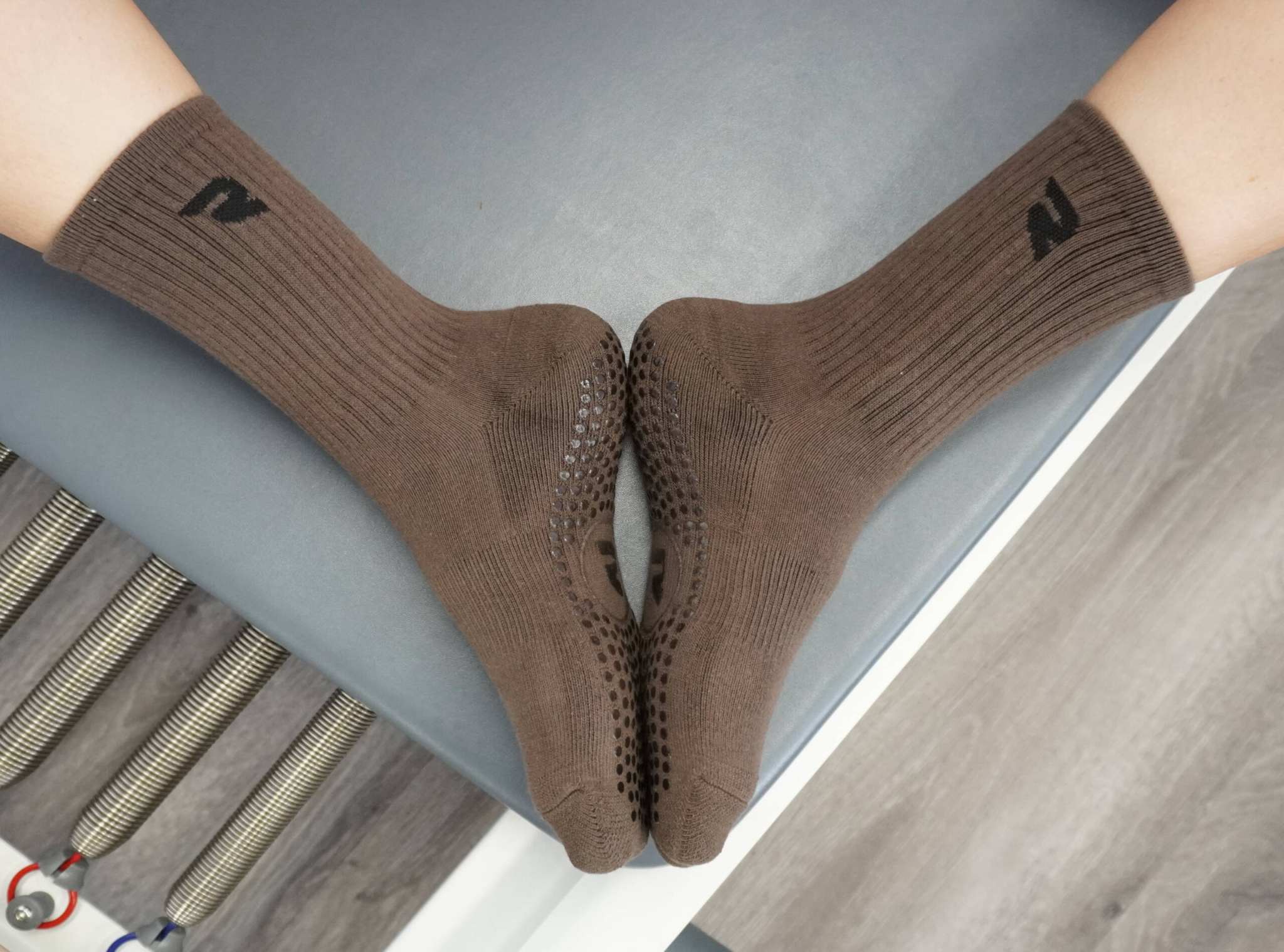 Resista Pilates Crew Socks Espresso Brown on Reformer